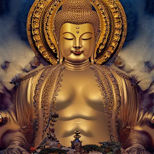 Image similar to buddha in baroque style, craig mullins, j. c. leyendecker, lights, art by ernst haeckel, john william godward, hammershøi,,