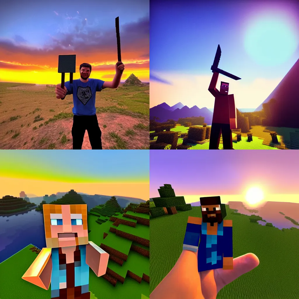 Prompt: minecraft steve selfie in an epic picturesque landscape at sunset, holding a minecraft pickaxe