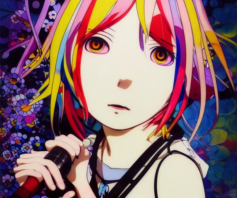 Image similar to takashi murakami, ilya kuvshinov illustration colorful anime portrait of reol on stage, murata range, fine detail, perfect anime face, dramatic lighting, dynamic composition, moody, vivid, alphonse mucha, fine stippled lighting, grain, art deco, cel shading, kyoto animation, yoshinari yoh, last exile