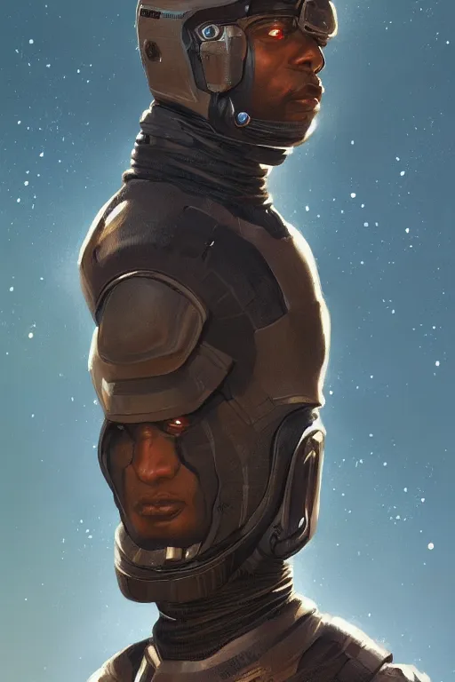 Image similar to upper body portrait of broad-shouldered black man wearing a scifi dune leather spacesuit, nebula in the background, illustration by normal rockwell and adebanji alade, details greg rutkowski, artstation character concept art