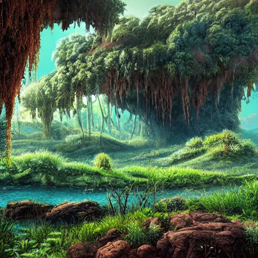 Prompt: painting of a lush natural scene on an alien planet by vincent bons. ultra sharp high quality digital render. detailed. beautiful landscape. weird vegetation. water.