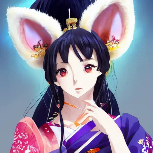 Image similar to An anime portrait of Ssunbiki as a beautiful Japanese noblewoman with fox ears wearing a silk kimono, by a professional manga illustrator, Stanley Artgerm Lau, WLOP, Rossdraws, James Jean, Andrei Riabovitchev, Marc Simonetti, and Sakimichan, tranding on artstation