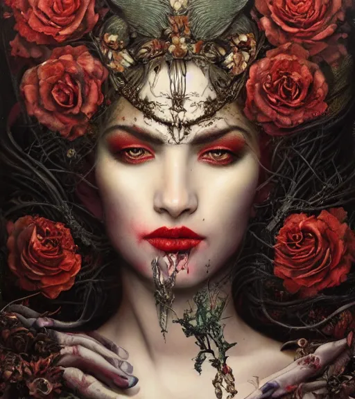 Prompt: portrait of the supreme queen of the blood cult, surrounded by skulls and overgrowth and dark flowers by karol bak, WLOP, James Jean, tom bagshaw, rococo, trending on artstation, cinematic lighting, hyper realism, octane render, 8k, hyper detailed.
