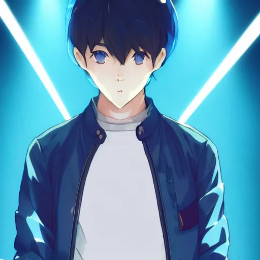 Prompt: very cool anime boy, short silver hair, azure blue watery eyes, full round face, seductive glances, wearing River City Ransom suit, lens flare, cinematic lighting, medium shot, mid-shot, highly realistically detailed, trending on pixiv, Unreal Engine 4k, Stanley Artgerm Lau, WLOP, Rossdraws, James Jean, Marc Simonetti