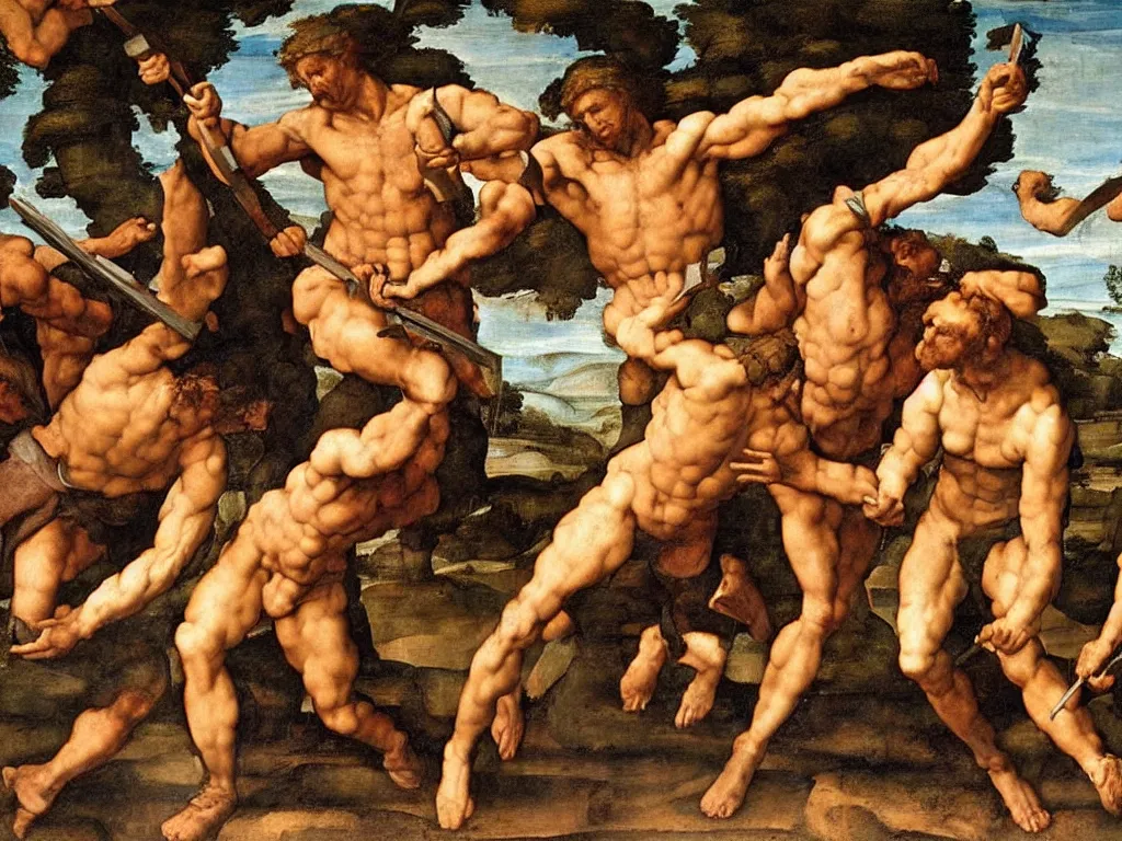 Prompt: a renaissance painting of Cain slaying Abel with a lance by Michelangelo, just two men