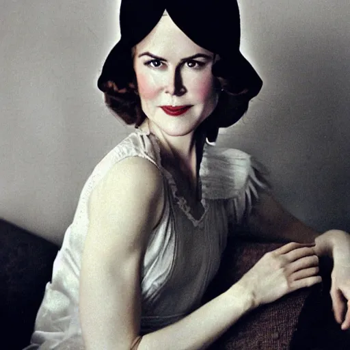 Image similar to a beautiful full body portrait of a young nicole kidman, wearing 1 9 2 0's clothes, demure, she is laying on a couch, artist john sargent,