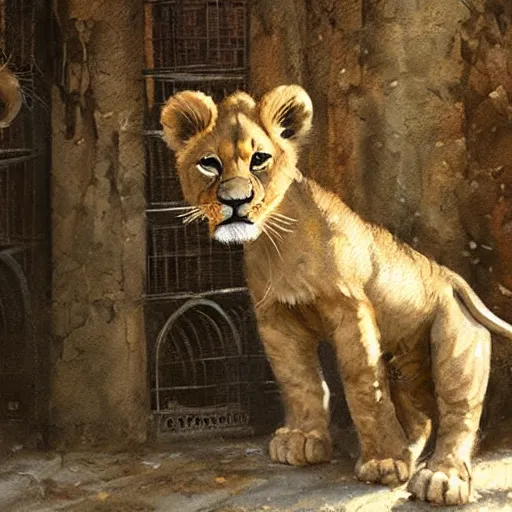 Prompt: cute lion cub with in a cage on a medieval fantasy market, oil painting, by greg rutkowski