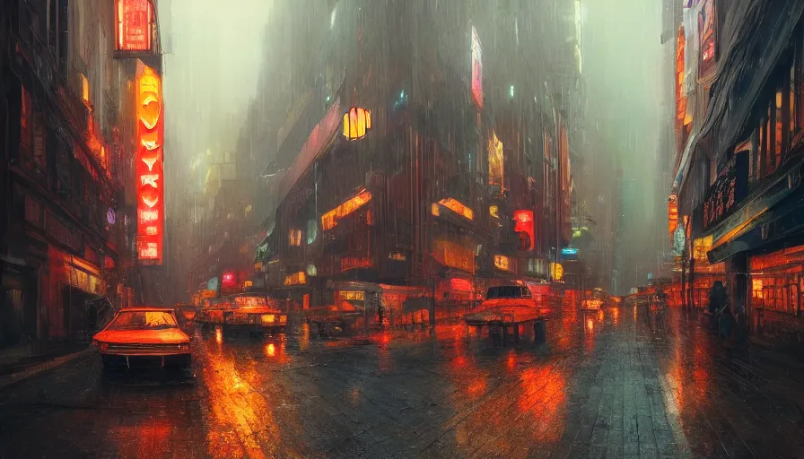 Image similar to city street in 8 0 s decade of xx century in early evening by neon lights during rain, shadows, reflections, epic composition, intricate, elegant, volumetric lighting, digital painting, highly detailed, artstation, sharp focus, illustration, concept art, ruan jia, steve mccurry