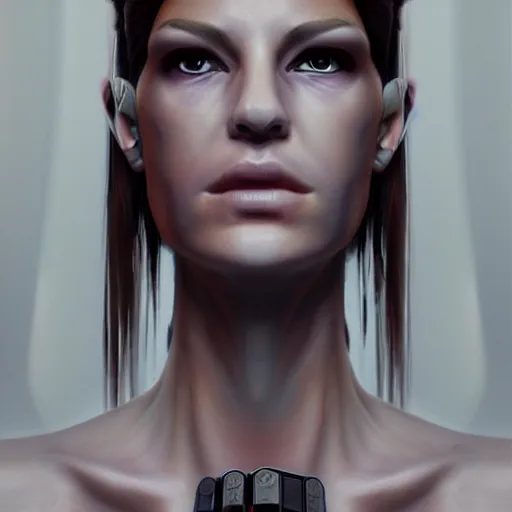 Image similar to cyberpunk cyborg fashion model portrait, hyperrealism oil painting, artstation