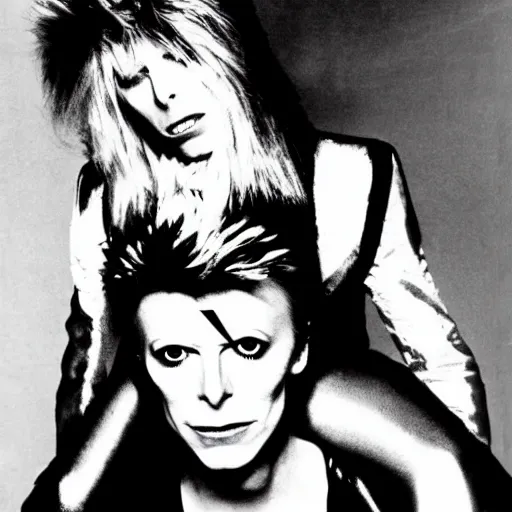 Prompt: david bowie from labyrinth giving a piggy back ride to ziggy stardust. glam rock. by andy warhol