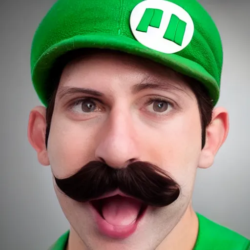 Prompt: a photo of a man cosplaying as Luigi, realistic, high definition