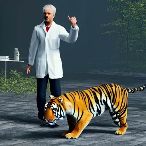 Prompt: a scientist man with a tiger head and a white blouse, ultra detail, full body, ultra realistic, realistic fur, unreal engine 8 k