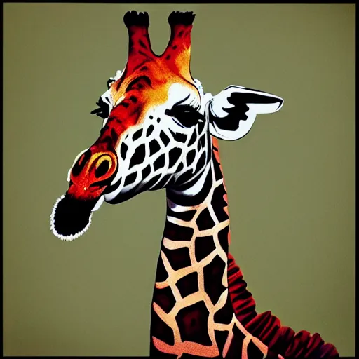 Prompt: “painted giraffe portrait, dotart, album art in the style of James Jean”