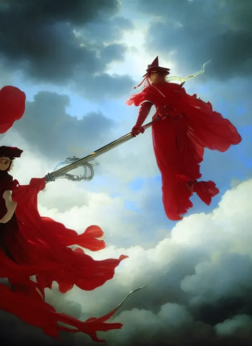 Image similar to Full View of a boisterous Red Mage wearing striped shining armor and a feathered hat holding a staff of power surrounded by an epic cloudscape. Magus. Red Wizard. Morpheus. masterpiece. 4k digital illustration. by Ruan Jia and Artgerm and Andreas Rocha and William-Adolphe Bouguereau and Edmund Blair Leighton. award winning, Artstation, intricate details, realistic, Hyperdetailed, 8k resolution. Concept Painting. Key Art