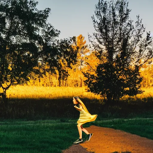 Image similar to a woman running at night in a yellow dress in the center of the frame sideways, dark hair, a barn, bushes and trees in the background, realistic photo, 4K, 35 mm