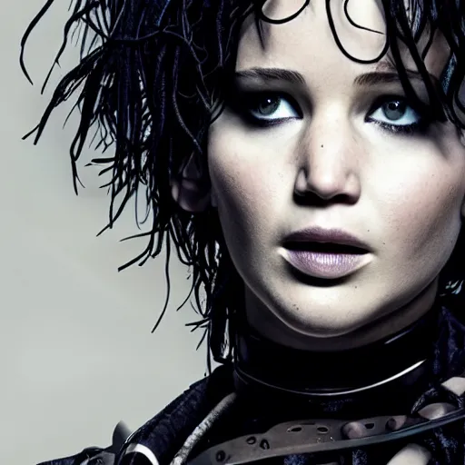 Image similar to Jennifer Lawrence as Eddy Scissorhands in Edward Scissorhands Remake, (EOS 5DS R, ISO100, f/8, 1/125, 84mm, postprocessed, crisp face, facial features)