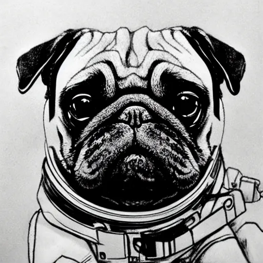 Image similar to pencil art, golden - ratio, spirals, highly detailed, astronaut pug in outer space by davinci.