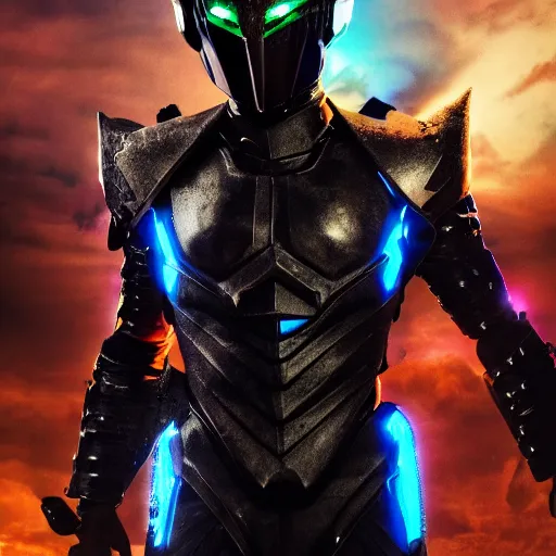 Prompt: High Fantasy Kamen Rider, single character full body, 4k, glowing eyes in helmet, rock quarry location, daytime, black rubber suit, pvc armor, dark blue with red secondary color dragon inspired segmented armor, ultra realistic, vibrant colors, Steve Yedlin Cinematography