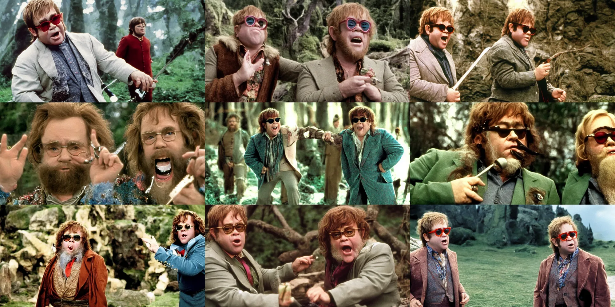 Prompt: A full color still of Elton John playing a big burly Tom Bombadil in Stanley Kubrick’s The Lord of the Rings, 1970, 35mm film