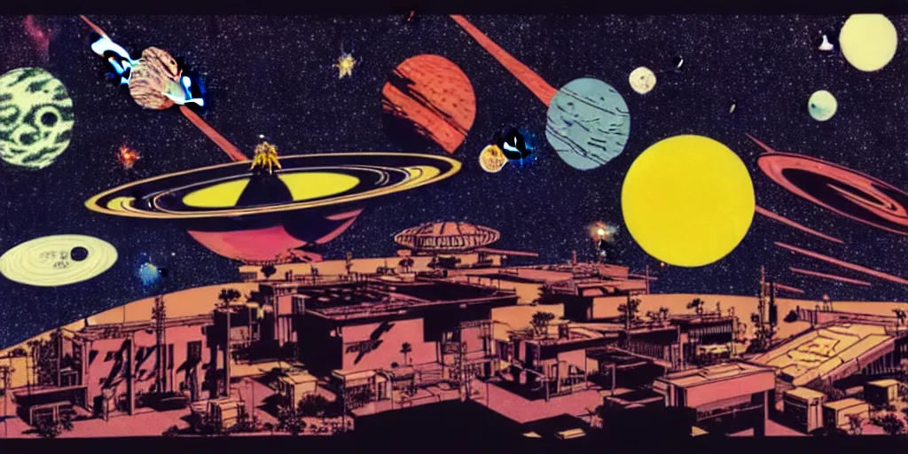 Image similar to cut out collage, low angle shot of a space port at night, retro punk, ink by Frank Miller, cinematography by Jim Jarmusch, composition by Hale Woodruff, soundtrack by Aphex Twin, background by Moebius.