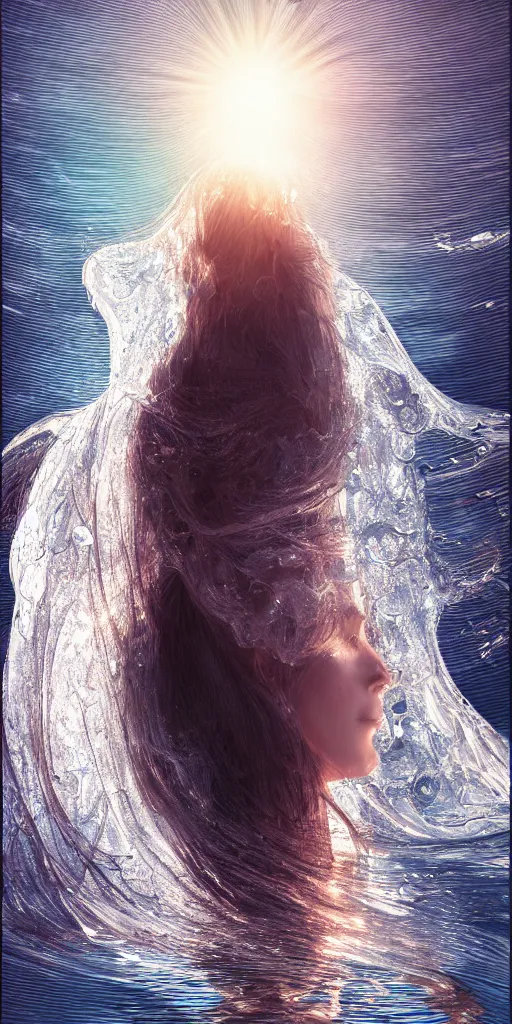 Image similar to portrait of woman drinking water during sunrise, sunrays, flowing fabrics, caustics, rippling water, photoshoot, flowing hair, haunting, iconic, fine-art, masterpiece, trending on artstation