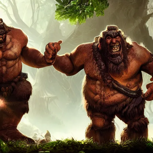 Image similar to giant dungeons and dragons ettin giant with two heads, ettin from dungeons and dragons, dnd in a dark forest, digital art, high quality render, artstation, 8 k, photograph quality, ultrahd