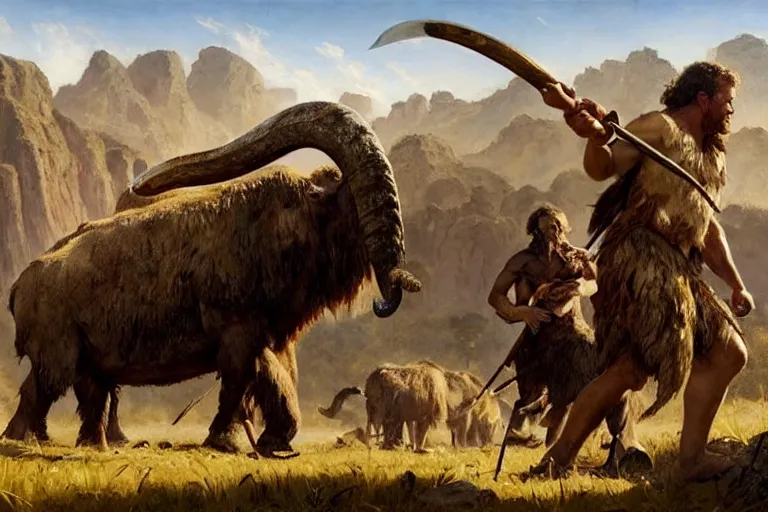 Prompt: epic scene of prehistoric hunter gatherers hunting a wooly mammoth with spears, autumn season, clear and beautiful sunny weather, sharp focus, epic feels, high details, oil painting by greg rutkowski and craig mullins, frank frazetta, 8 k