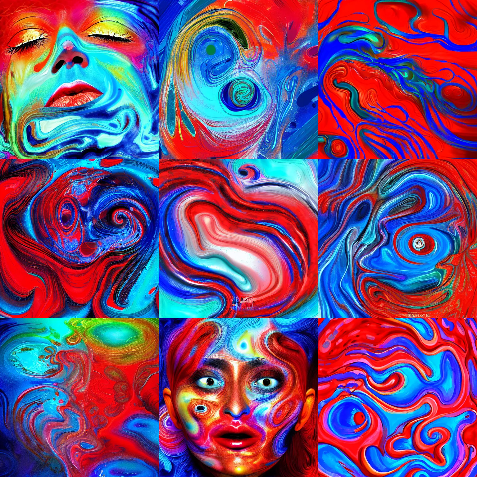 Prompt: dreaming face, swirling liquids, paints mixing, blue and red, digital art