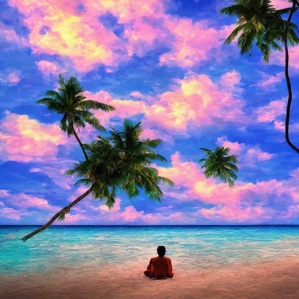 Prompt: Tropical beach paradise, person sits on beach staring into heaven, digital art