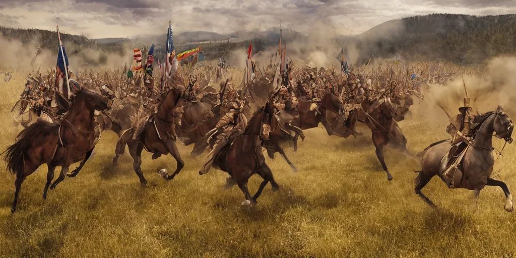 Image similar to promotional movie still rendered in octane, of an action shot from the battle of little bighorn, custer's last stand, majestic horses, desperate action, dramatic hdr natural light, cinematic lighting, extremely high detail, photorealistic, imax 7 0 mm, iso 4 0 0, 8 k, 4 k, hq