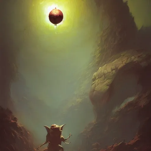Prompt: beautiful realistic fantasy painting of a goblin orb, by pascal blanche and Frazetta and Beksinski, volumetric lighting, trending on art station, polarizer filter