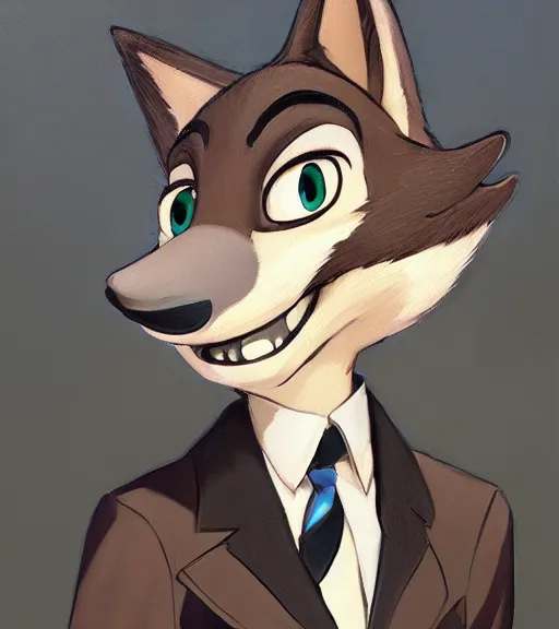 Image similar to oil painting of full body of anthromorphic female wolf, in style of zootopia, zootopia, zootopia, fursona, furry, furaffinity, 4 k, deviantart, furry art, fursona art, wearing black business suit, business suit, in style of zootopia, wolf fursona, cyberpunk, female, expressive detailed feminine face,