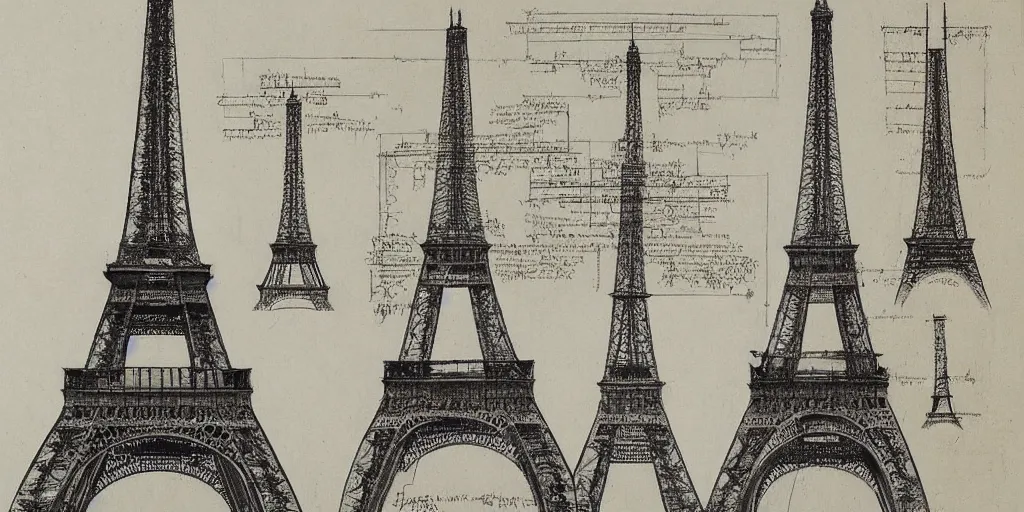 Image similar to architectural design studies of Eiffel Tower, drawn by Leonardo da vinci