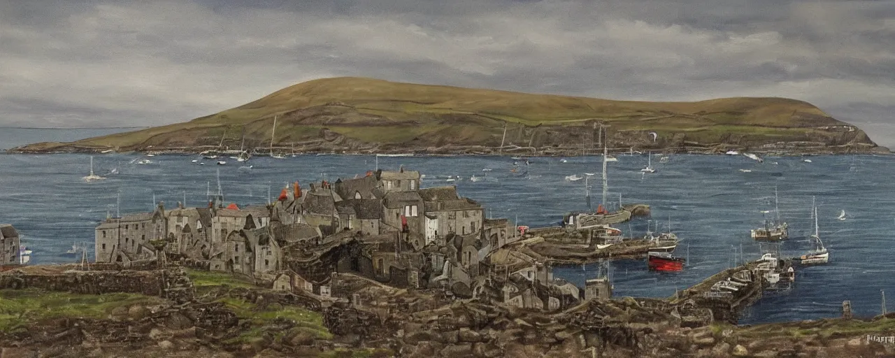 Prompt: a painting of the harbour at Stromness orkney, Gothic, fantasy, stone, lush, nature, mist