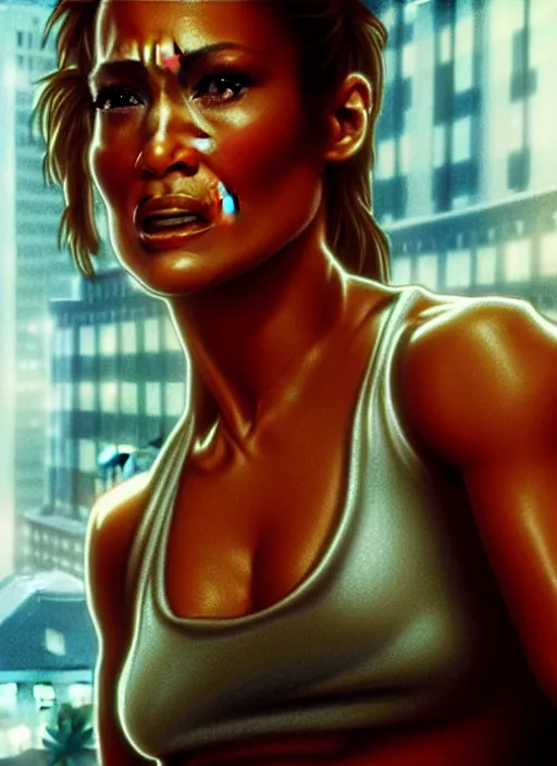 Image similar to A film still of jennifer lopez as John Mcclane in die hard, highly detailed, digital painting, artstation, concept art, sharp focus, illustration, cinematic lighting, art by artgerm and greg rutkowski and alphonse mucha diffuse lighting, fantasy, intricate, elegant, highly detailed, lifelike, photorealistic, digital painting, artstation, illustration, concept art, smooth, sharp focus, art by John Collier and Albert Aublet and Krenz Cushart and Artem Demura and Alphonse Mucha