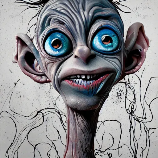 Image similar to Tim Burton style Gollum by Alex Pardee and Nekro and Petros Afshar, and James McDermott,unstirred paint, vivid color, cgsociety 4K