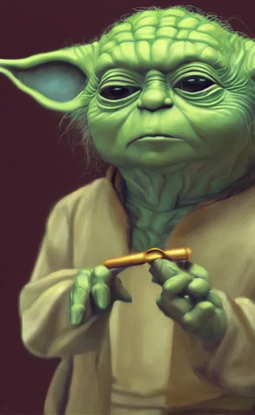 Image similar to beautiful detailed photorealistic painting of yoda putting on makeup in the mirror. hq, hd. detailed. trending on artstation