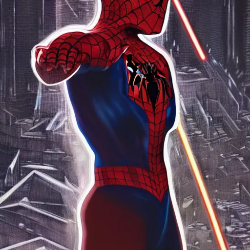 Image similar to Portrait of Spiderman as a sith lord from star wars, full length shot, shining, 8k highly detailed, sharp focus, illustration, art by artgerm, mucha, bouguereau