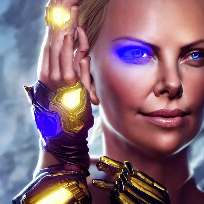 Image similar to portrait of (Charlize Theron), wearing The Infinity Gauntlet. intricate artwork. octane render, trending on artstation, very coherent symmetrical artwork. avengers. thanos. cinematic, hyper realism, high detail, octane render, 8k, iridescent accents