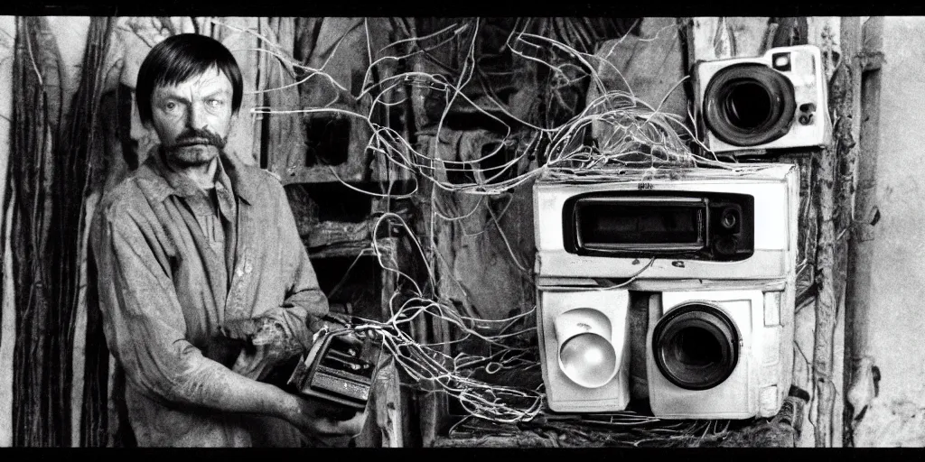 Image similar to detailed medium format photo, polaroid still from tarkovsky movie, a human trash panda character, holding a box of cables and standing next to old electronic equiptment, haze, high production value, intricate details, 8 k resolution, hyperrealistic, hdr, photorealistic, high definition, technicolor, award - winning photography, masterpiece, black and white