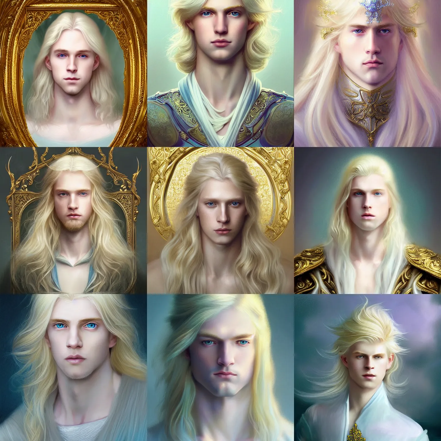 Prompt: Portrait of magical blond prince, very very very very pale white skin, long silky rich golden hair, dreamy and ethereal, pastel blue eyes, peaceful expression, ornate baroque regal armor, fantasy, intricate, elegant, dynamic lighting, highly detailed, digital painting, artstation, concept art, smooth, sharp focus, illustration, art by artgerm and greg rutkowski and alphonse mucha