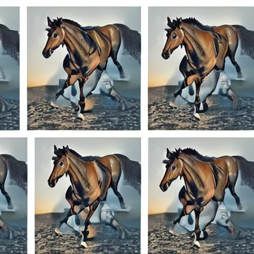 Image similar to an animation of a horse running left to right shot frame by frame, separated into equally sized frames, from'learning to animate'