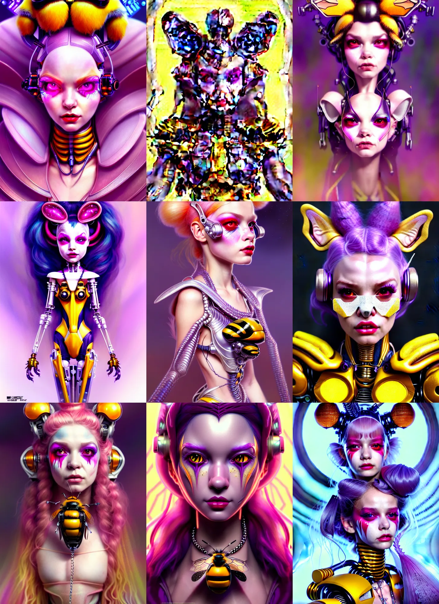 Prompt: disney weta portrait, soft lustrous biotech raver white clowncore bumblebee chain cyborg, hi - fructose, sci - fi fantasy cyberpunk intricate decadent highly - detailed digital painting, ever after high, octane render, artstation, concept art, smooth, sharp focus, illustration, art by artgerm, mucha, loish, wlop