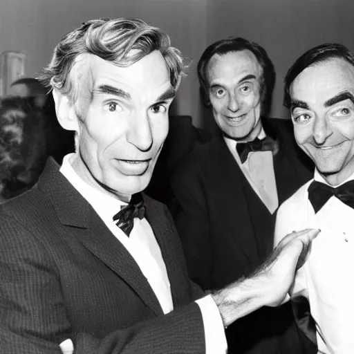 Prompt: bill nye in a nightclub with richard feynman and mr. bean