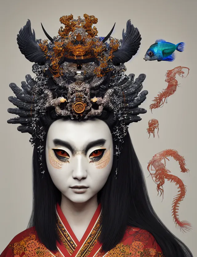 Image similar to 3 d goddess close - up profile portrait with crown, ram skull. beautiful intricately detailed japanese crow kitsune mask and clasical japanese kimono. betta fish, jellyfish phoenix, bio luminescent, plasma, ice, water, wind, creature, artwork by tooth wu and wlop and beeple and greg rutkowski