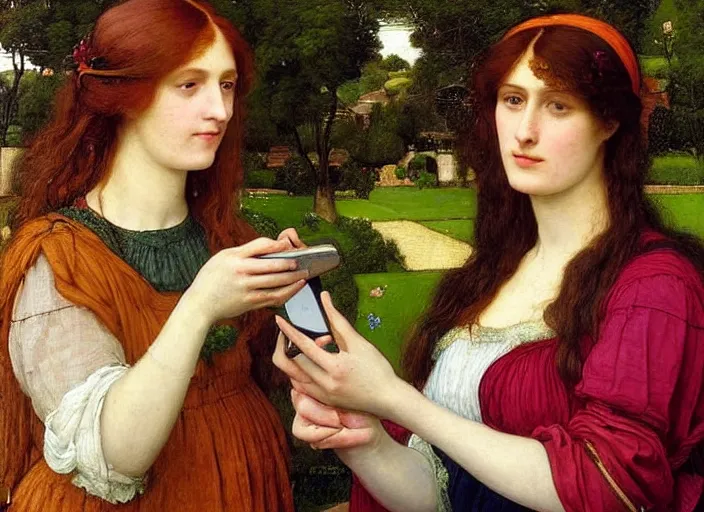Image similar to a very very very colorful Pre-Raphaelite painting of two smiling women in a lush garden brushing their hair, holding iPhones, by Waterhouse