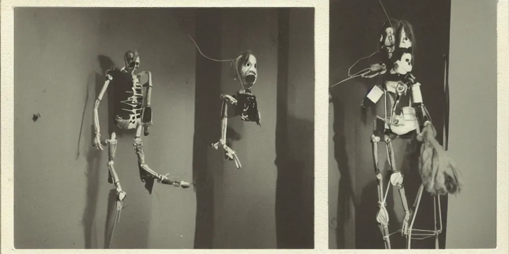 Prompt: 1 9 7 0 s female alive, eerie, creepy masked marionette puppet, unnerving, clockwork horror, pediophobia, lost photograph, dark, forgotten, final photo found before disaster, realistic, family portrait, polaroid,