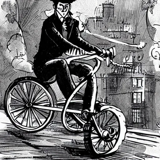 Prompt: corto maltese riding on a tricycle