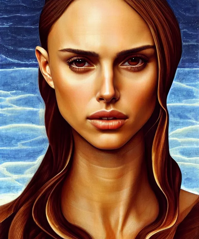 Image similar to half Nathalie portman half jessica alba portrait by Sandro Botticelli, sci-fi, amber eyes, beautiful face, appealing long hair, fantasy, intricate, elegant, highly detailed, digital painting, artstation, concept art, smooth, sharp focus, oil painted illustration by Sandro Botticelli