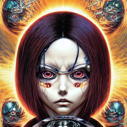 Prompt: portrait of crazy alita, symmetrical, by yoichi hatakenaka, masamune shirow, josan gonzales and dan mumford, ayami kojima, takato yamamoto, barclay shaw, karol bak, yukito kishiro